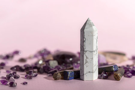 Crystal minerals for meditation on pink background. Magic Rock for Healing stones.