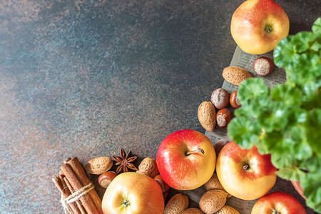 Autumn pastries. Preparation of seasonal fall baked goods with ingredients. Traditional autumn apple pie, spices, apples, accessories. Top view, copy spaceの写真素材