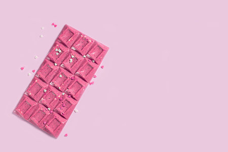 Handmade trendy pink or ruby chocolate. Made from eco natural ruby cocoa beans. Selective focus.