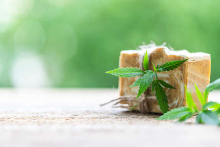 Natural handmade soap bars with cannabis. Spa organic soap. Bars of homemade soap. Selective focusの写真素材