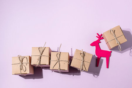 Handmade Christmas gift boxes.Zero west and eco friendly christmas concept. Happy New Year. Flat lay