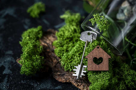 Miniature wooden house with a key on the background of nature. Dream house concept, real estate investment.の写真素材