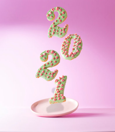 Flying Cookies, gingerbread in the form of New Year's numbers 2021 on a green background. Happy New...