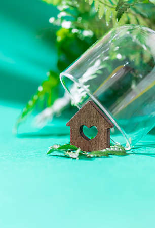 Miniature wooden house in glass dome on green background. Dream house concept, real estate investment. Property insurance. Selective focusの写真素材