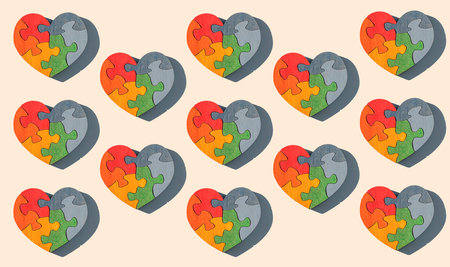 Wooden multi-colored handmade heart in the form of a puzzle. Zero Waste concept of using...