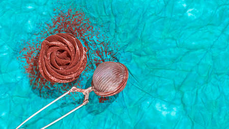Delicate zephyr sprinkled with cocoa powder. Low-calorie marshmallows. Homemade dessert. Flat lay.の写真素材