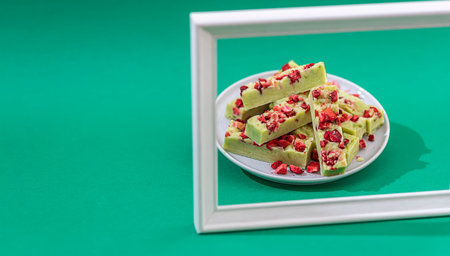 Fudge, sweet candies, handmade dessert made of white chocolate, matcha tea and strawberries on a...
