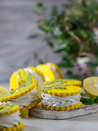 Marshmallow sandwich. Sable sugar cookies with lemon, mint marshmallows, zefir. Close-up shot,...