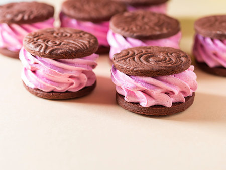 Marshmallow sandwich. Chocolate cookies, berry marshmallows, zefir. Close up, selective focus