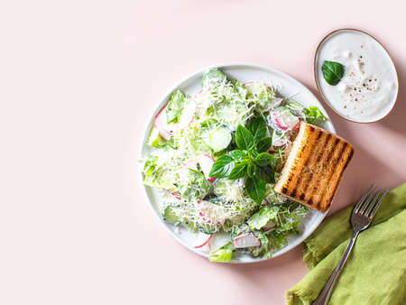 Vegan vegetarian healthy fresh vegetable salad of green lettuce, radish and cucumber and greek yogurt. Healthy vegetarian food. Spring saladの写真素材