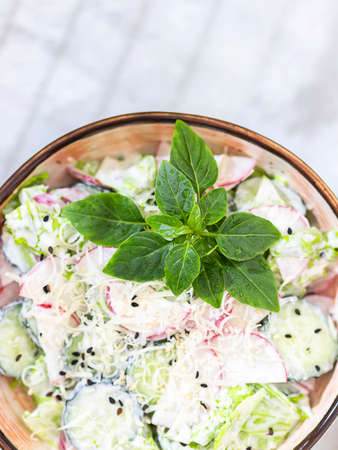Vegan vegetarian healthy fresh vegetable salad of green lettuce, radish and cucumber and greek yogurt. Healthy vegetarian food. Spring saladの写真素材