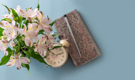 Flat lay of blue working table background with planner, pencil, alarm clock and plants. Top view, mock up greeting card, craft Notebook and pen. Top viewの写真素材