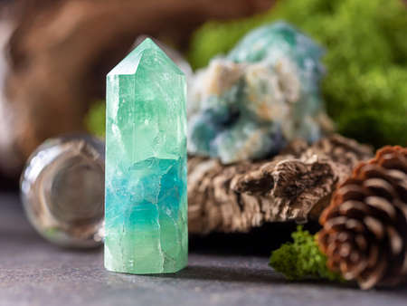 Minerals, crystal on nature background. Crystal Ritual, Healing Crystals. Natural gemstones. Gemstones are full of healing energy and good vibes. Selective focus, copy space.の写真素材