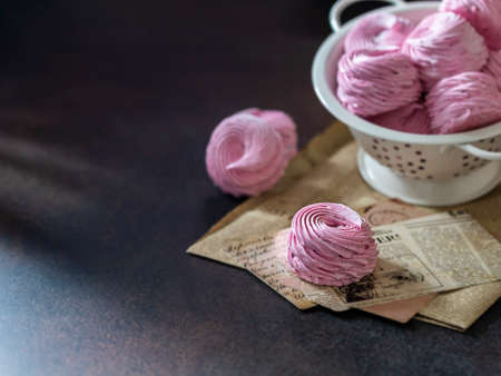 Cherry Zephyr. Traditional Russian dessert - zefir. Zefir, marshmallow made from applesauce with the addition of agar-agar. Homemade dessert. Light and airy dessert.の写真素材