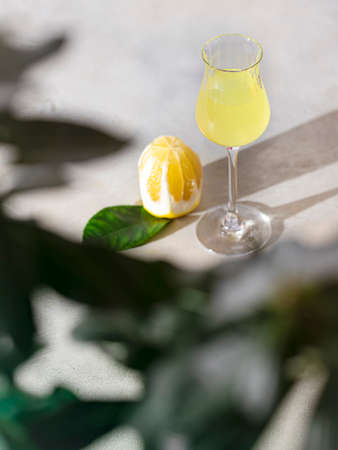 Limoncello, traditional Italian liquor on a light concrete background in the rays of the sun. Next to it is a yellow lemon, fresh citrus fruits. Selective focus, copy spaceの写真素材
