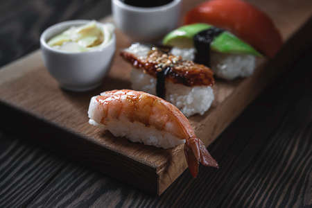 Traditional Japanese Dish - Nigiri Sushi. Made from rice and raw prawn. Traditional Japanese cuisine. Restaurant menuの写真素材