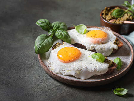 Croque-madame with fried egg, pesto sauce and basil. Traditional French Toasted Sandwich. French cuisine. Copy space, selective focusの写真素材