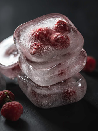 Raspberry frozen in the ice cube on black background. Fresh healthy summer eating.の写真素材