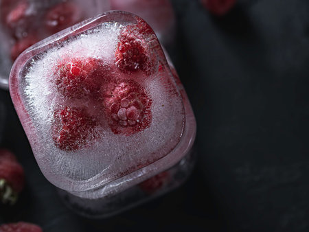Raspberry frozen in the ice cube on black background. Fresh healthy summer eating.