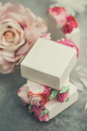 Natural handmade soap with floral decoration. Organic handmade soap concept, close upの写真素材