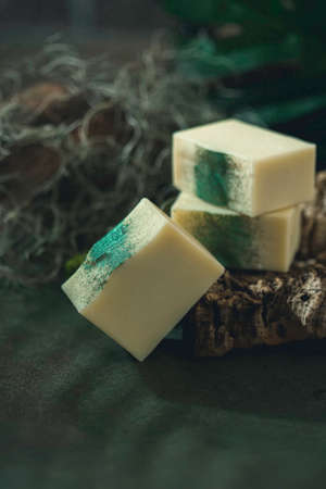 Organic homemade herbal natural soap. Concept of home natural organic skin care. Spa treatments. Selective focusの写真素材