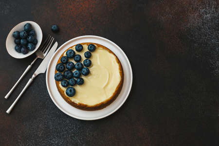 Classical New York cheesecake with blueberries. Homemade baking. Top view. Selective focus.の写真素材