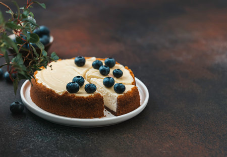 Classical New York cheesecake with blueberries. Homemade baking. Piece of cheesecake. Selective...
