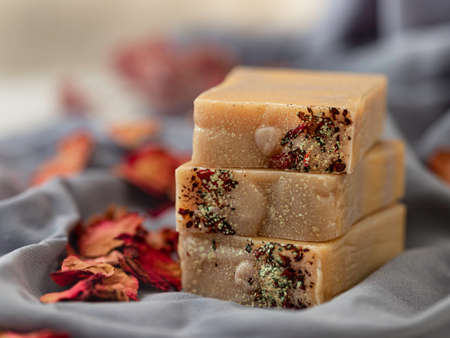 Organic homemade natural soap. Concept of home natural organic skin care. Spa treatments.の写真素材