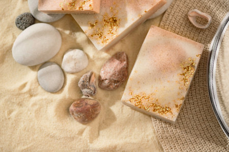 Organic homemade himalayan salt natural soap. Concept of home natural organic skin care. Spa...
