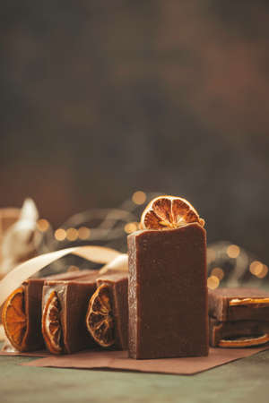 Organic Handmade soap on wine. Mulled wine handmade natural soap. Concept of Spa therapy and relaxation.の写真素材