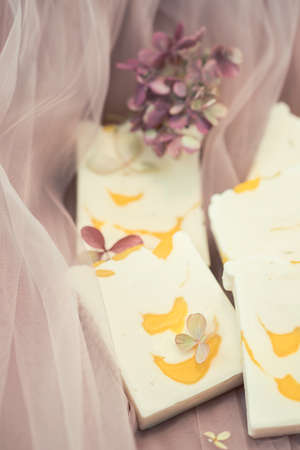 Organic lye soap. Concept of home natural organic skin care. Spa treatments. Handmade soap. Selective focusの写真素材