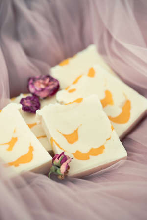 Organic lye soap. Concept of home natural organic skin care. Spa treatments. Handmade soap. Selective focusの写真素材
