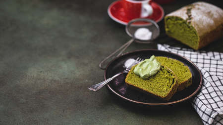Matcha tea cupcakes. Delicious dessert for tea or coffee time. Japanese matcha green tea.の写真素材