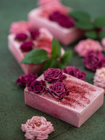 Handmade soap with roses. The concept of homemade natural organic skin care. Spa treatments.の写真素材
