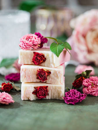 Handmade soap with roses. The concept of homemade natural organic skin care. Spa treatments.の写真素材