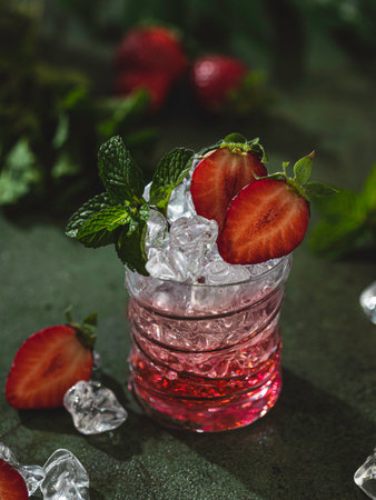 Fresh lemonade with ice, mint and strawberry. Iced tea with strawberries and mint. On a white background.の写真素材