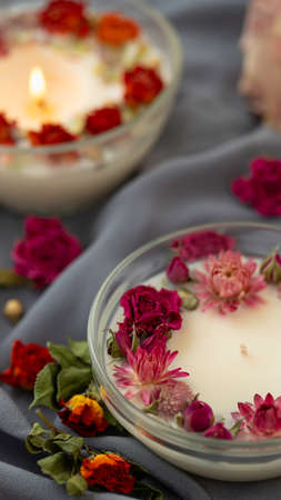 Handmade ecological and vegan soy candle. Relaxation atmosphere. Luxurious lifestyle.の写真素材