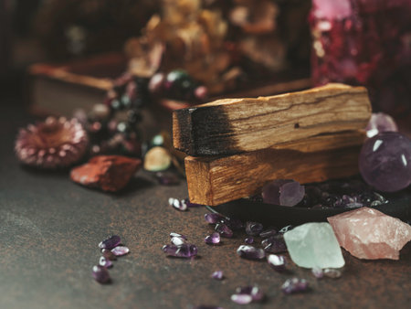 Palo Santo, holy sacred tree stick, burning with aroma smoke. healthy lifestyle. Esoteric life balance, good energy concept. Healing energy with crystals and smoke. copy spaceの写真素材