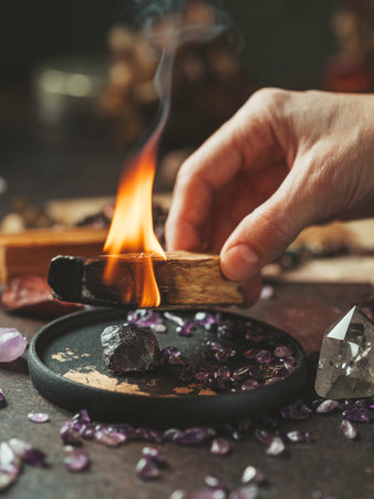 Palo Santo, holy sacred tree stick, burning with aroma smoke. healthy lifestyle. Esoteric life balance, good energy concept. Healing energy with crystals and smoke. copy spaceの写真素材
