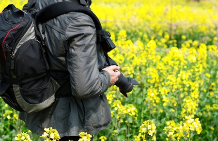 Photographer in rape field, is creation. の写真素材