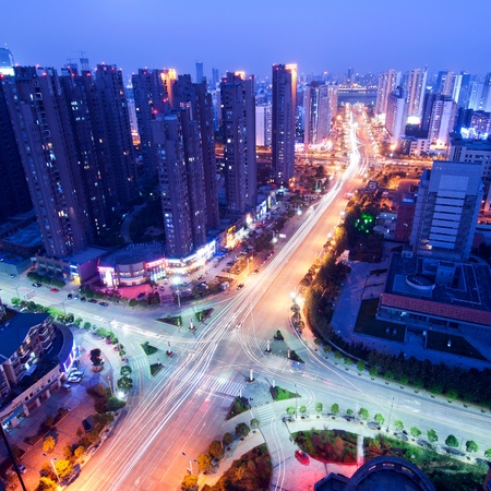 Aerial view of city nightの写真素材