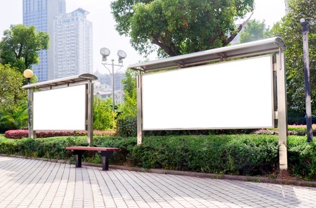 Park white billboard, placed in the square.の写真素材