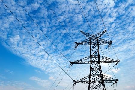Power line, high voltage. It is a morning landscapeの写真素材