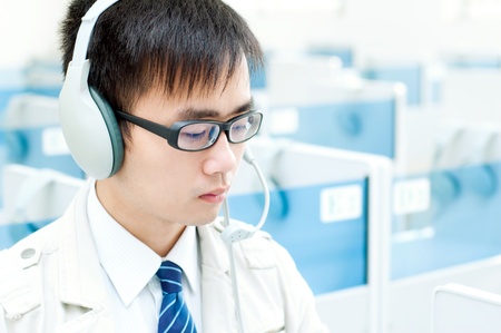 Language lab, a man wearing headphones の写真素材