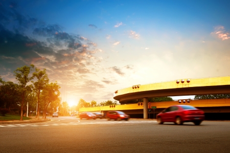 Dusk, when the viaduct, dynamic fuzzy car.の写真素材