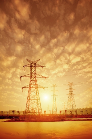 high voltage post.High-voltage tower sky background.の写真素材