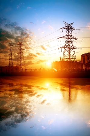 high voltage post.High-voltage tower sky background.の写真素材