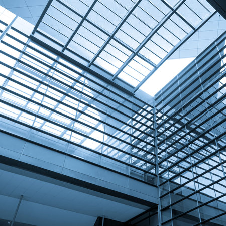Transparent glass ceiling, modern architectural interior.