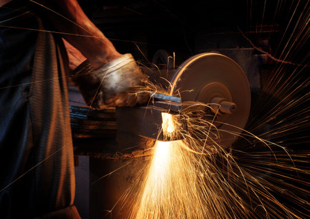 Worker cutting metal with grinder  Sparks while grinding iron