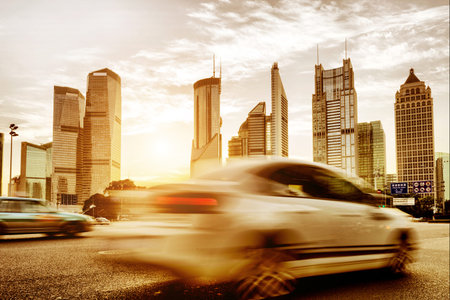 China Shanghai modern architecture, motion blur car.
